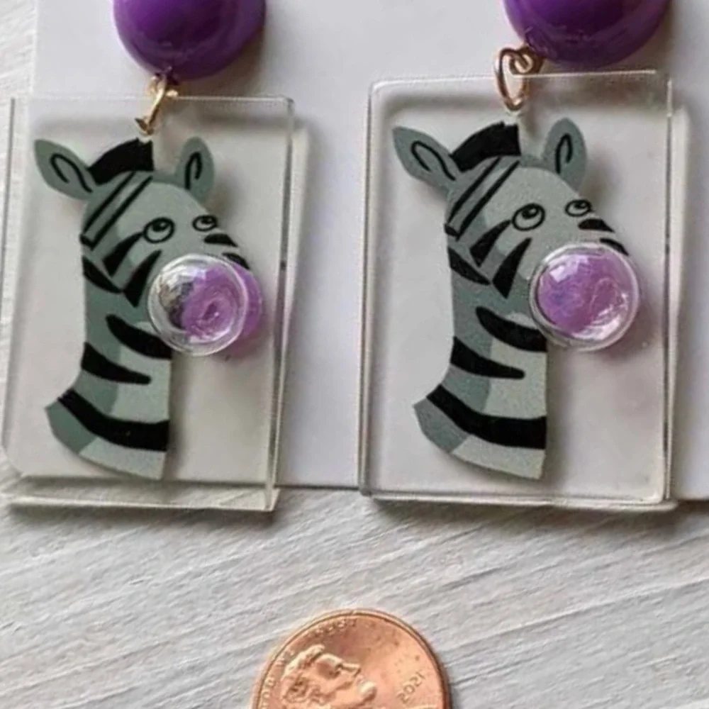 Cartoon Zebra Blow 3D Bubble Pucker Kiss Pacifier Animal Lover Acrylic Earrings
